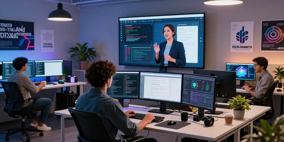 Innovative tech workspace with a person interacting with an AI assistant on a large screen, showcasing modern applications.