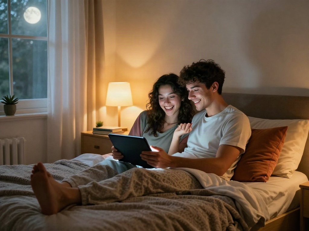 Engaging ai porn chat in a cozy bedroom setting, highlighting modern romantic technology.