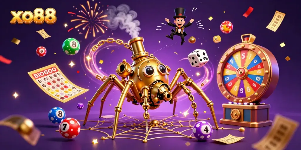 Experience the thrill of xo88 with a steampunk spider and vibrant casino elements in this engaging illustration.