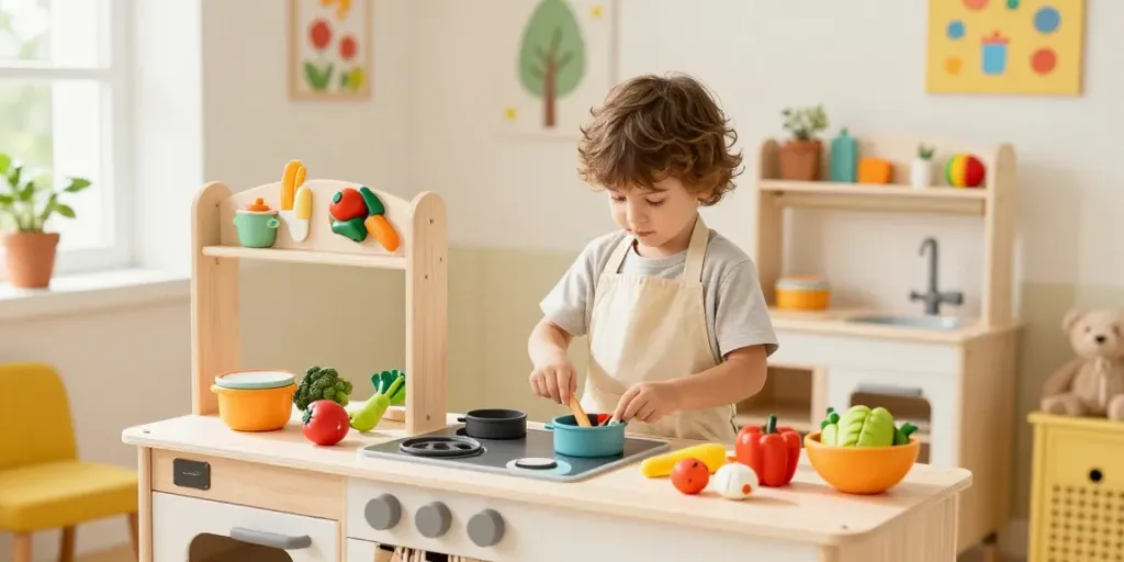 Kids kitchen play area with vibrant toys and child cooking.