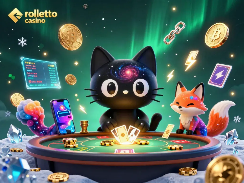 Engage in thrilling moments at rolletto casino with colorful crypto-themed characters and glowing coins.