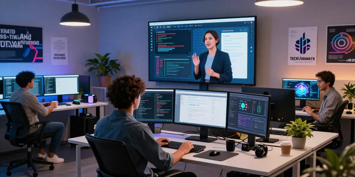 Innovative tech workspace with a person interacting with an AI assistant on a large screen, showcasing modern applications.