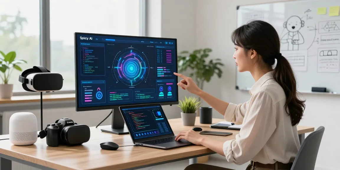 Engaging workspace showcasing chili-inspired spicy AI technology innovations with a professional analyzing data visualizations.
