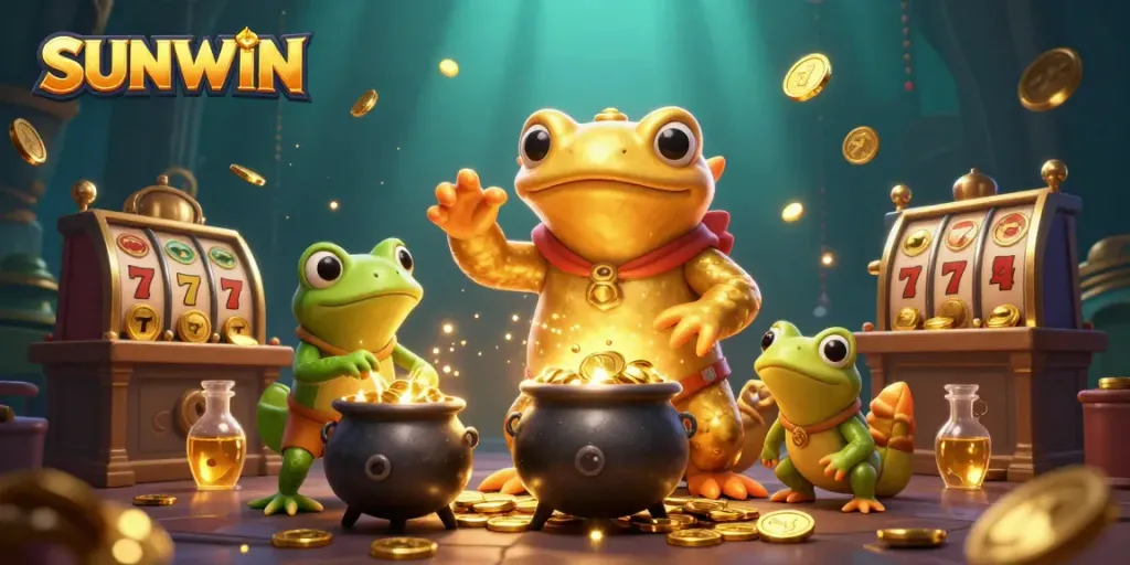 SUNWIN interactive casino scene with a golden salamander alchemist and frog apprentice transforming metals into gold coins