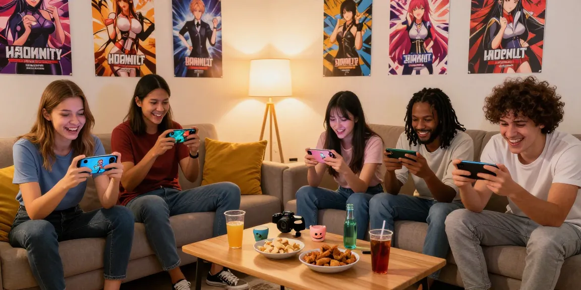 Engaging friends playing free mobile hentai games together in a cozy environment.