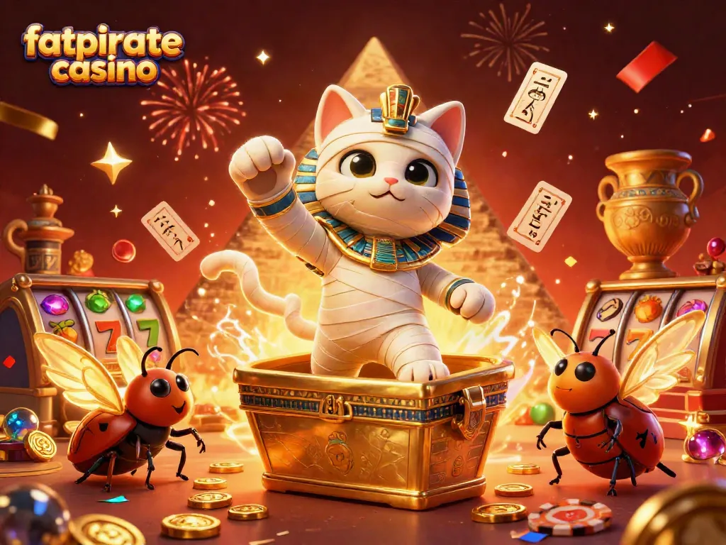 Experience the excitement of fatpirate casino with vibrant illustrations of a mummy cat, treasure, and games.