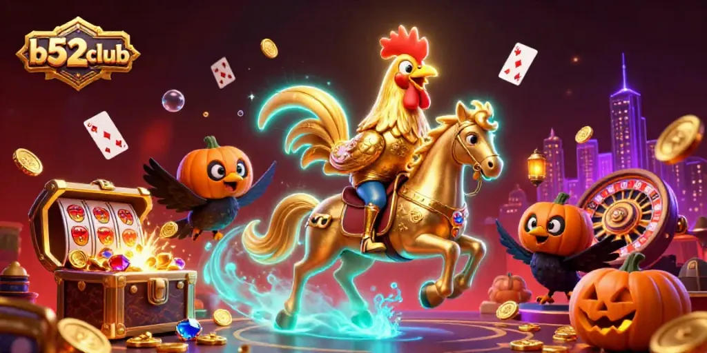 Experience thrilling gaming action at b52club with a majestic golden rooster leading the way through a dynamic casino.