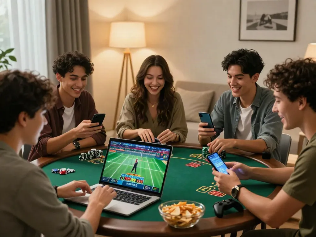 Friends enjoying online gambling together with uk88 platform on laptops and mobile devices in a cozy living room.