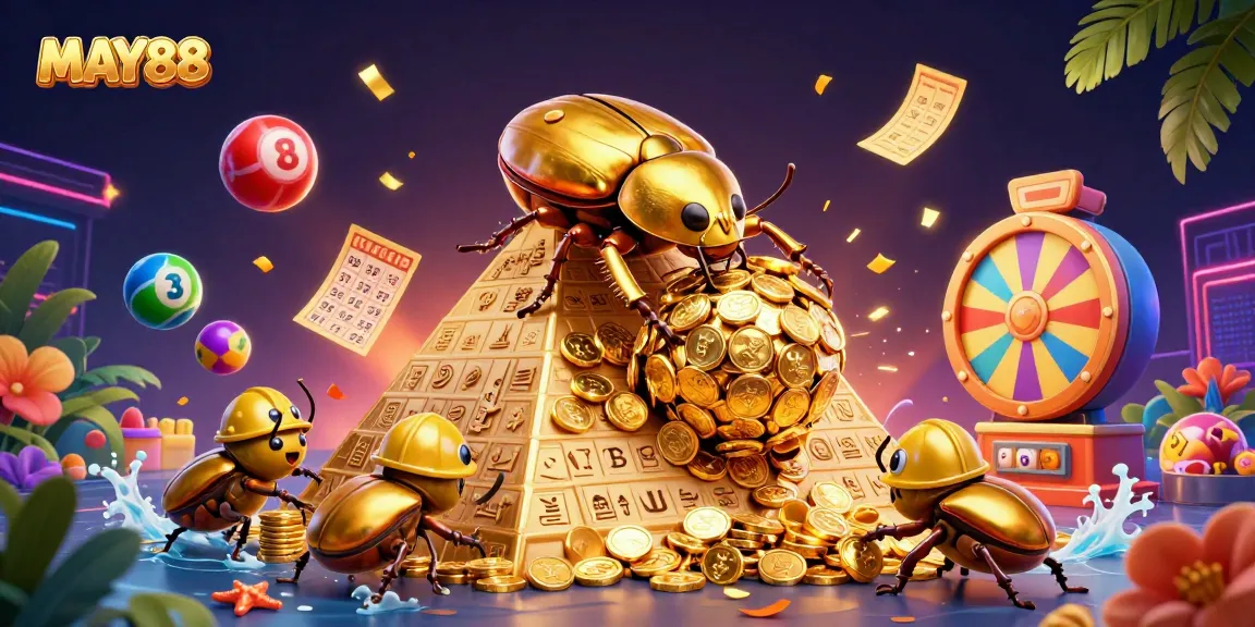 MAY88 encourages excitement with a golden dung beetle casino adventure amidst vibrant lottery and bingo elements.