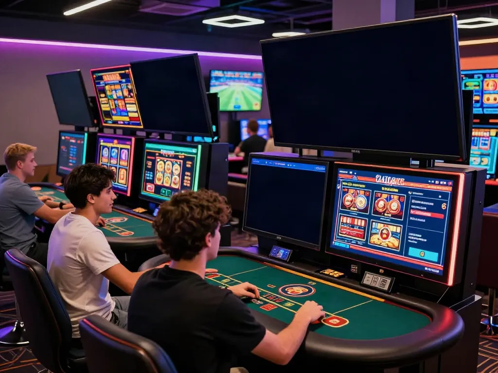 Enthusiastic players at TX88 online casino engaging with vibrant slot games and sports betting interfaces.