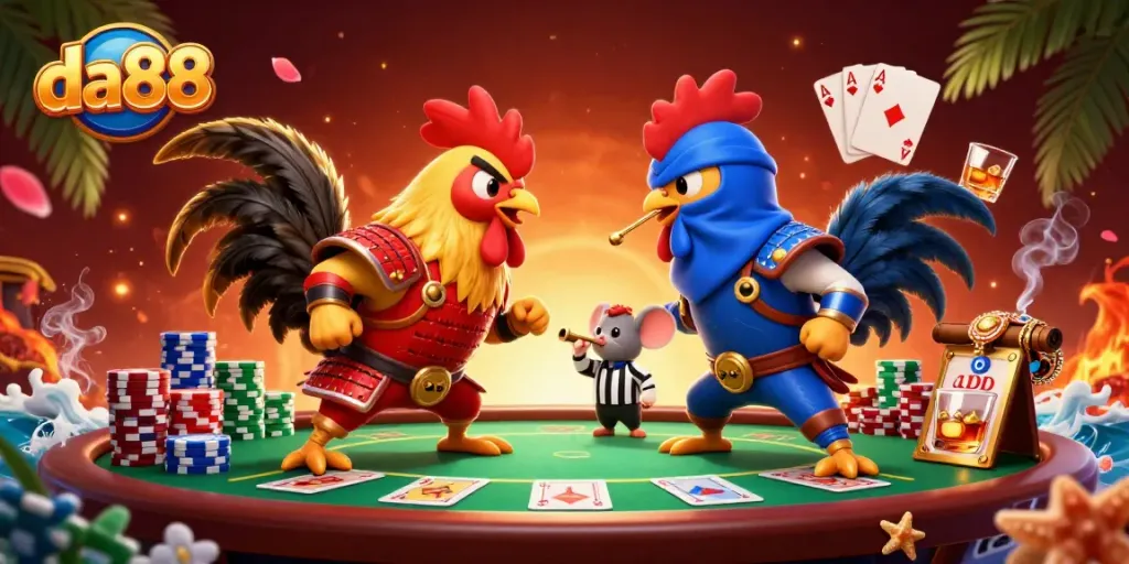 Engage with da88's vibrant gaming scene featuring epic rooster showdowns and dynamic poker action.
