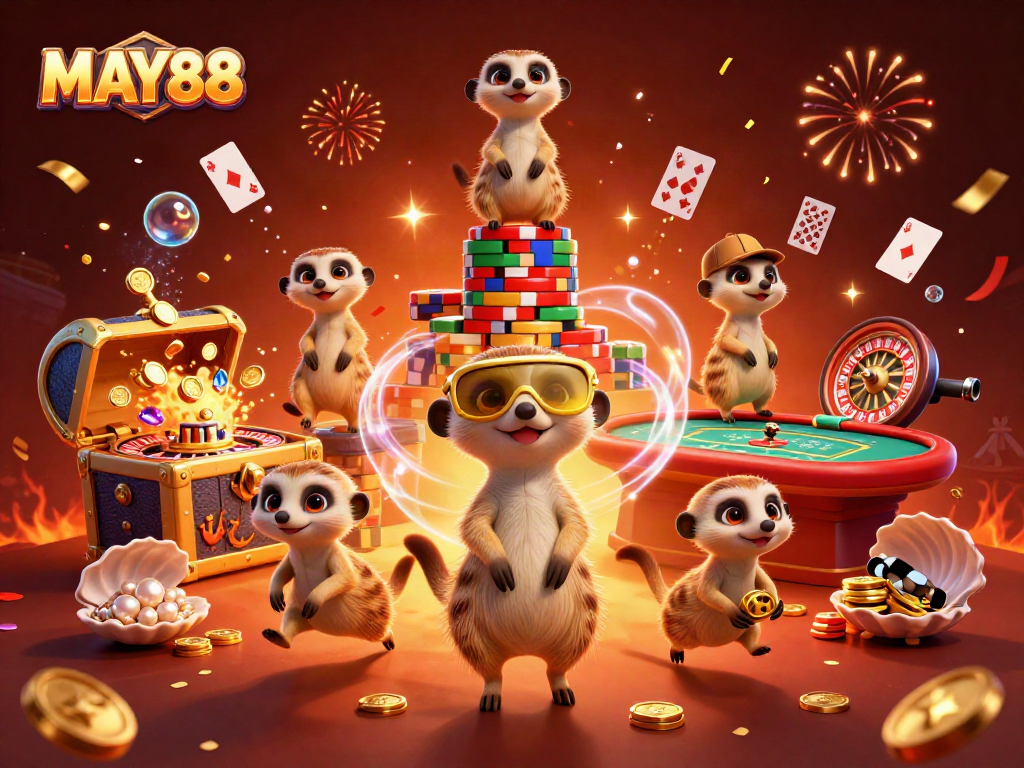 MAY88 meerkats manage an exciting casino scene filled with chips, cards, and vibrant decorations.