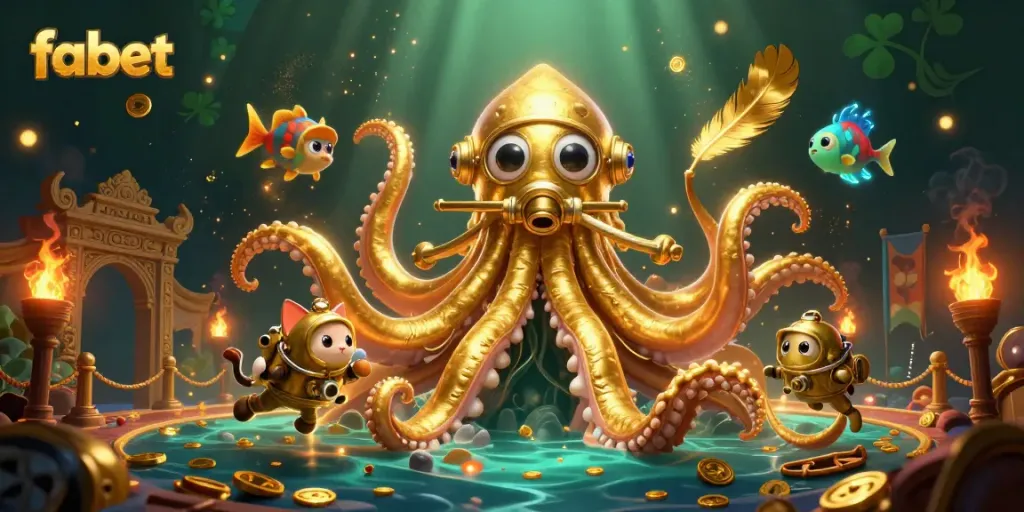 Experience Fabet's thrilling gameplay featuring a kraken and diving cat in a captivating underwater scene.