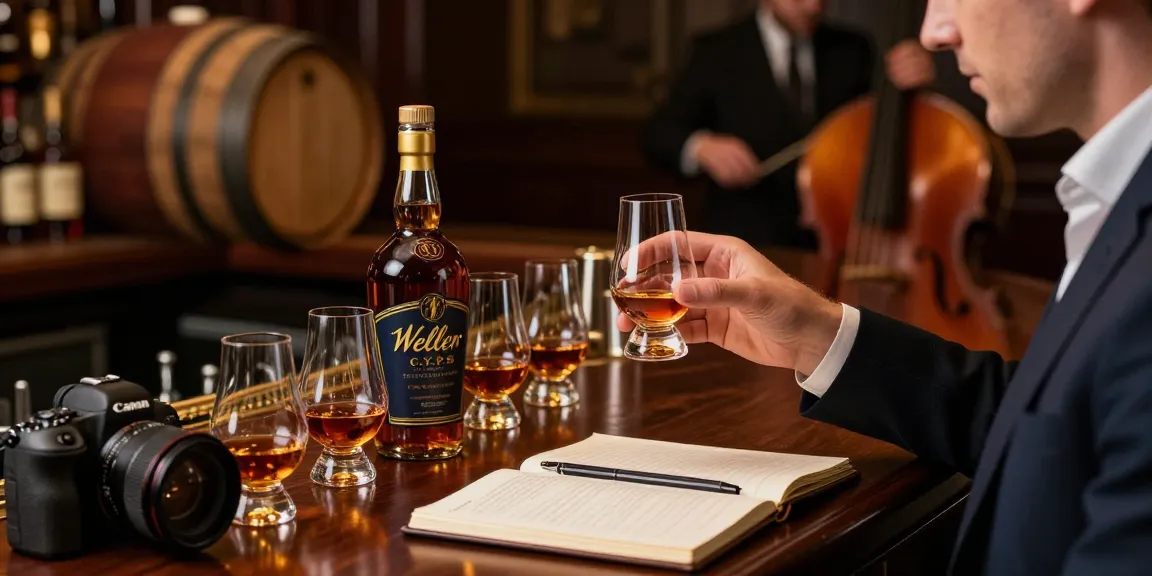 A whiskey enthusiast savoring Weller C.Y.P.B. Bourbon in a sophisticated bar, surrounded by premium bourbons, capturing the moment of appreciation.