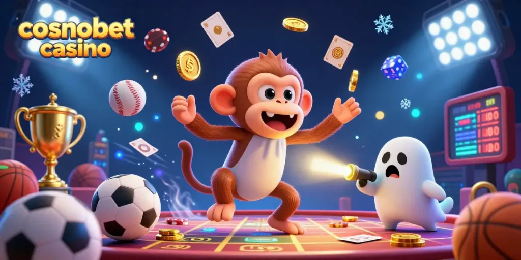 Experience the thrill of cosmobet casino with a playful poltergeist monkey and ghost-hunter puppy in an exciting gaming scene.