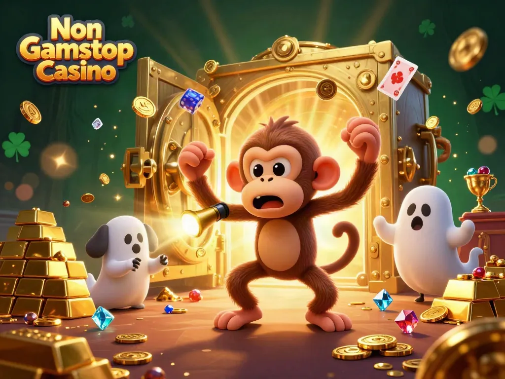 Engage with Non Gamstop Casino depicted in a vibrant scene with a playful monkey and ghost puppy